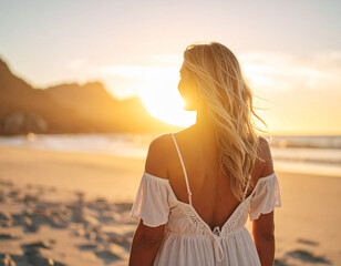 Person grateful standing beach golden hour sunset. Gratitude, peacefulness