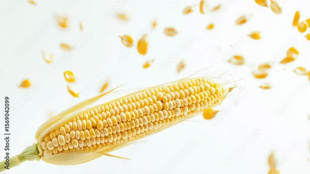 Poster a stalk of corn with a bunch of corn kernels flying out of it. the corn is yellow and the kernels ar