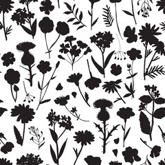 Seamless pattern with black silhouettes of wild meadow herbs and flowers. Botanical floral background for fabric, wrapping paper, eco packaging, wallpapers, and digital design.	