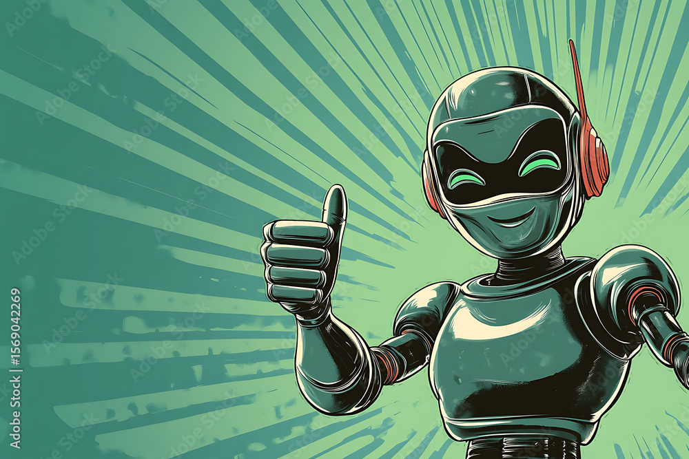 Poster cheerful robot character giving a thumbs up in a vibrant, dynamic background