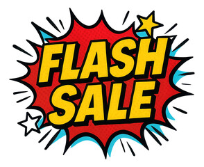 Red burst sticker with FLASH SALE in bold comic style, dynamic retail promotion sticker on transparent background.