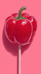 A red bell pepper on a stick with a green stem against a pink background with a shadow cast