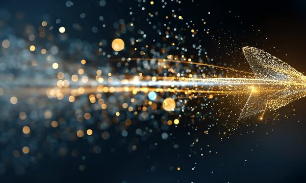 Glowing arrow formed by particles moving forward on a dark background with reflections shown below