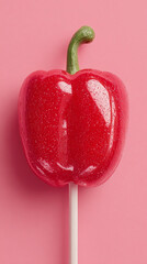 A close up of a red candy apple lollipop with a green stem on a pink background studio shot