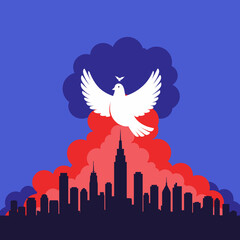 Obraz premium White dove flying above city skyline with colorful cloud background 