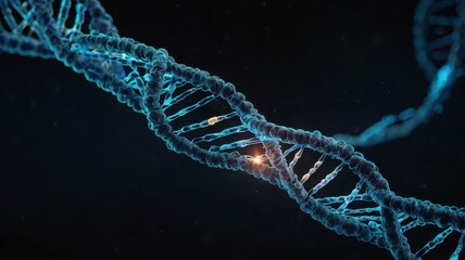 Illuminated dna double helix structure against a dark background with glowing segments and blue hues