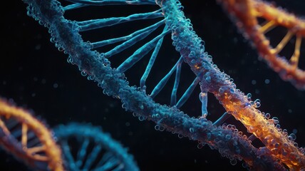 Close up of dna strands in blue and orange against a dark background with small particles floating around