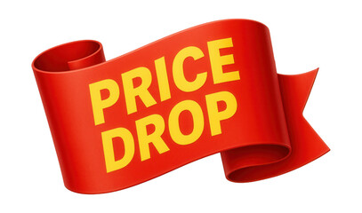 Glossy red ribbon banner with PRICE DROP in bold yellow text, eye-catching retail promo offer on transparent background.