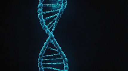 A blue dna double helix structure against a dark background with a slight glow on the structure