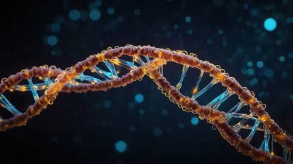 Close up of a dna strand with orange and brown helixes on a dark blue background with bokeh effect