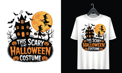 This Is My Scary Halloween Costume – Spooky Halloween T-Shirt Design with Haunted House, Bats, Witch and Pumpkin Faces