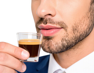 Fototapeta premium A close-up of a man with a beard sipping a small glass of espresso, wearing a suit against a black background.