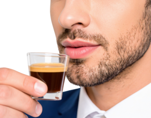 A close-up of a man with a beard sipping a small glass of espresso, wearing a suit against a black background.
