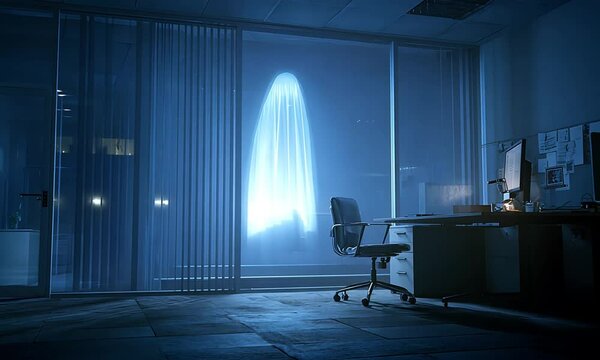 Eerie blue office with a ghostly figure behind the blinds and a desk with a chair nearby