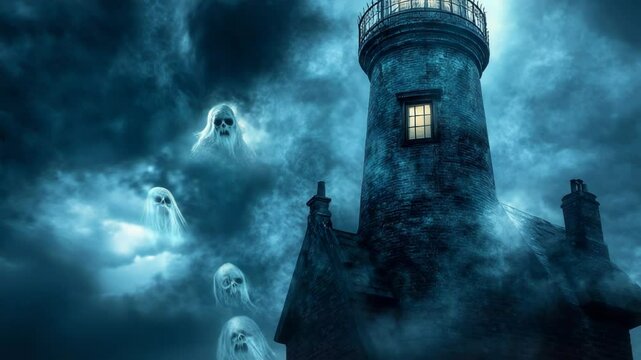 An eerie lighthouse enveloped in fog with ghostly apparitions.