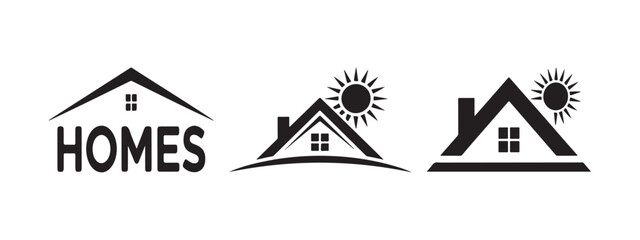 Three black house logos with sun and text home real