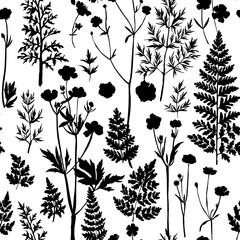 Seamless pattern with black silhouettes of wild meadow herbs and flowers. Botanical floral background for fabric, wrapping paper, eco packaging, wallpapers, and digital design.	