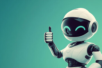 A cheerful robot giving a thumbs-up gesture against a vibrant teal background