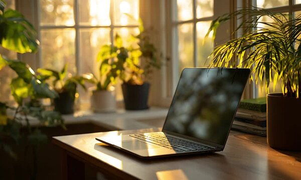 Laptop on desk near window with plants in sunlight creating a warm and inviting workspace scene