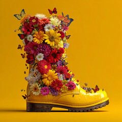 Yellow boot overflowing with colorful flowers and butterflies on a matching yellow background