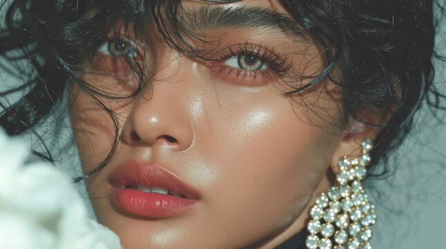 Face of Beautiful Woman: Model with Striking Green Eyes and Brown Skin, Capturing Diverse Beauty.