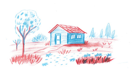 Hand-Drawn Pencil Illustration of Peaceful Village Scene with Green House