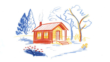 Pencil Sketch of Tiny Countryside House Surrounded by Trees and Garden