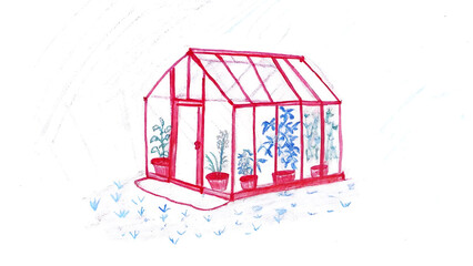 Pencil Sketch of Small Greenhouse with Vines and Potted Plants