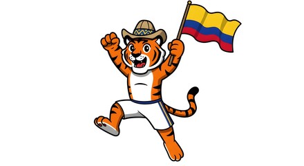Tiger in Sombrero Waving Colombian Flag