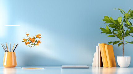 Creative workspace arrangement with plants and flowers modern office visual inspiration calm environment top view home office design