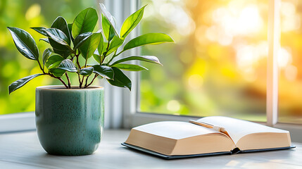 Morning serenity potted plant and open book by the window home still life bright natural light cozy atmosphere