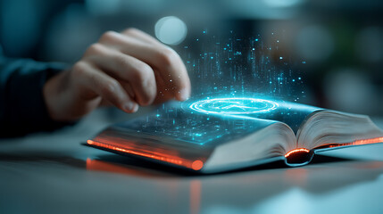 Digital transformation of knowledge interactive book experience modern workspace visual content tech environment engaging viewpoint