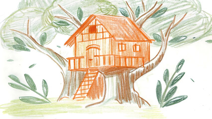 Hand-Drawn Fantasy Illustration of Treehouse in Nature with Storybook Style