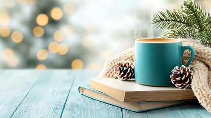 Cozy winter vibes with steaming coffee mug christmas decor still life indoor close-up comforting concept