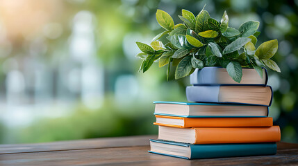 Books and greenery display cozy reading nook still life natural light close-up relaxation concept