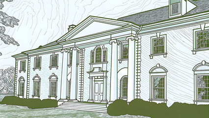 Pencil Sketch of Historic Colonial House with Elegant Architectural Details