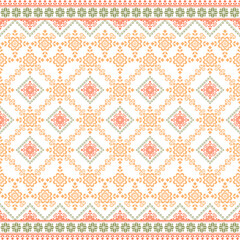 Geometric pixel art pattern. Abstract pixel art geometric ethnic pattern design for fabric, carpet, tile, rug, clothing, embroidery, needlepoint and background. Vector pixel art seamless motif ethnic 