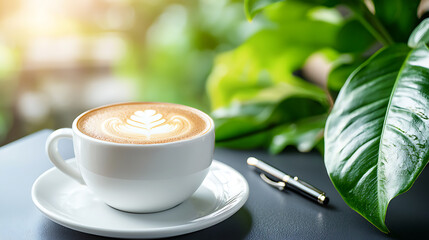 Enjoy a serene coffee moment lush greenery cozy beverage photography tranquil environment close-up shot mindfulness concept