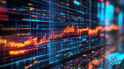 A digital holographic display analyzing stock markets and global trade data in real time 