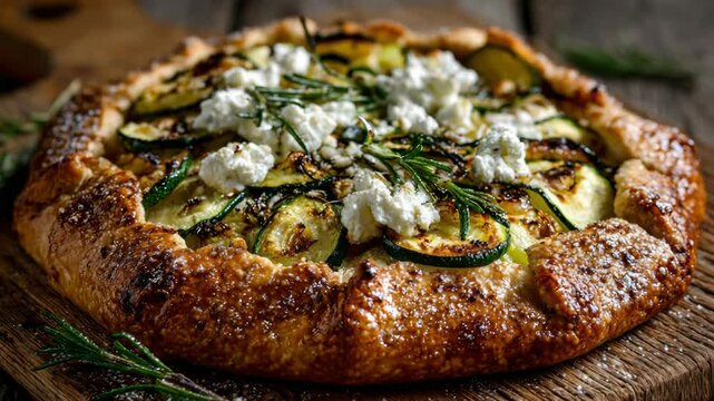 Rustic zucchini galette with fresh rosemary and goat cheese in cozy kitchen setting