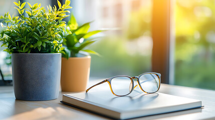 Home office setup with plants natural light lifestyle photography indoor environment close-up perspective serenity concept