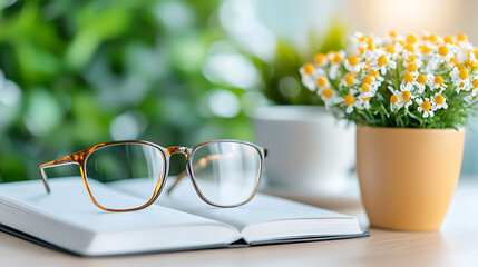 Relaxing reading session with glasses and flowers cozy home interior lifestyle natural light close-up perspective