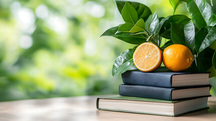 Fresh oranges on books surrounded by greenery home office still life natural environment close-up refreshing ideas