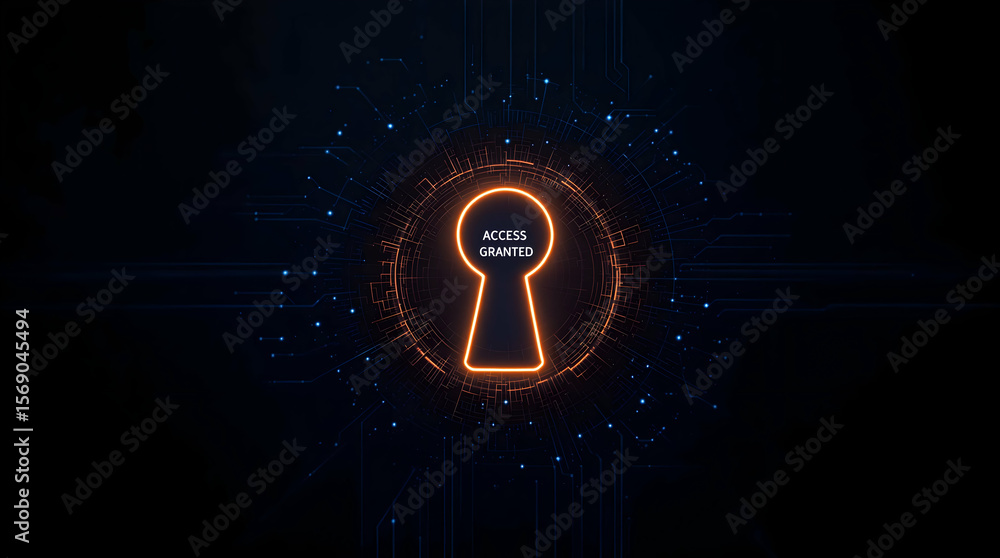Poster illuminated keyhole grants access, digital network background, symbolizing security, cyber protectio