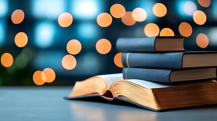 Reading adventures cozy books stacked on a table soft lighting indoor scene inviting atmosphere