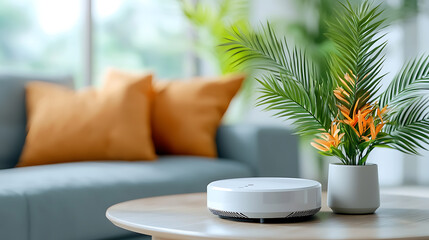Smart home cleaning action modern living room product showcase cozy environment close-up view innovative concept