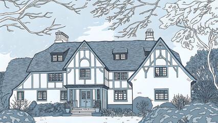Hand-Drawn Artistic Illustration of Traditional Rural Home with Graphite Texture