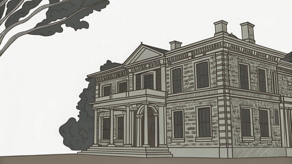 Pencil Drawing of European Classic Stone House with Architectural Precision