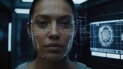 Close up of a woman with futuristic interface overlay and screen in the background showing data