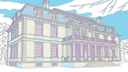 Pencil Drawing of European Classic Stone House with Architectural Precision